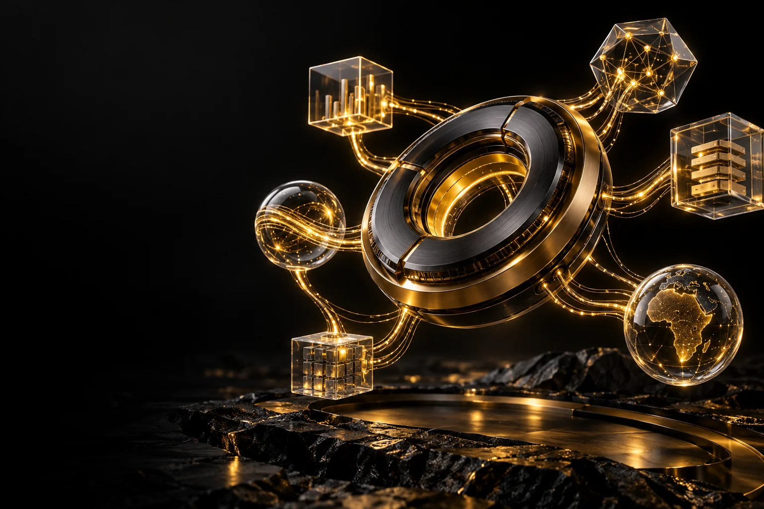 Sculptural gold technology core connecting a network of glass modules